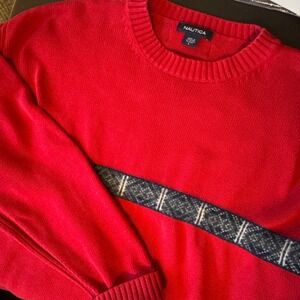 Vintage Nautica Men's Red Crew Neck Sweater Fair Isle Pattern L 90s Y2K Wool